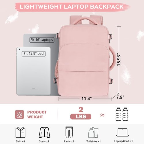 Getravel Travel Backpack for Women, Personal Item Bag for Airlines, Lightweight Carry On Backpack, Casual Hiking Work Gym College Weekender Bag Daypack, Laptop Backpack, Pink