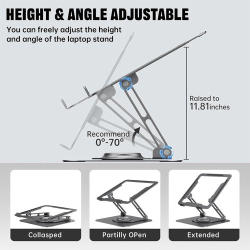 JOYEKY Laptop Stand - Adjustable Ergonomic Riser with 360° Rotating Base | Foldable & Portable for 10-16" Laptops (Grey)