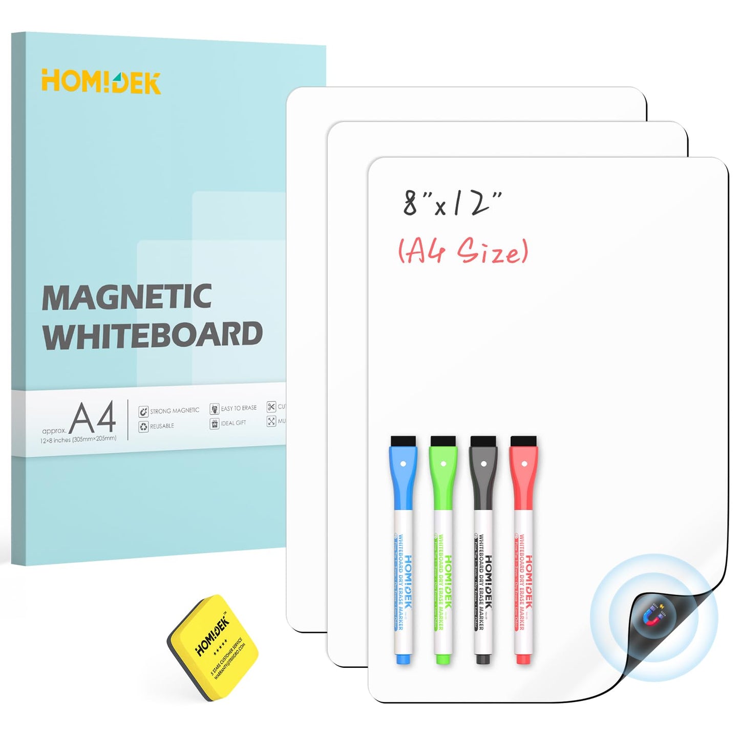 HOMiDEK Magnetic Whiteboard for Fridge, 3 Pack Small Magnetic Dry Erase Boards with 4 Markers & 1 Eraser, Reusable Blank Magnet White Board Sheets for Home, Kitchen, Office, Classroom - 8 x 12