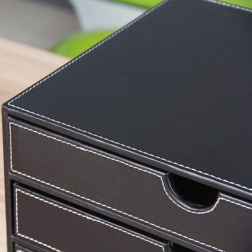 RHCSZ High-end PU Leather Desk Organizer File Cabinet Executive Office Supplies Desktop Filing A4 File Cabinet Stackable Storage Organizer Box with 3 Drawers (Black)…