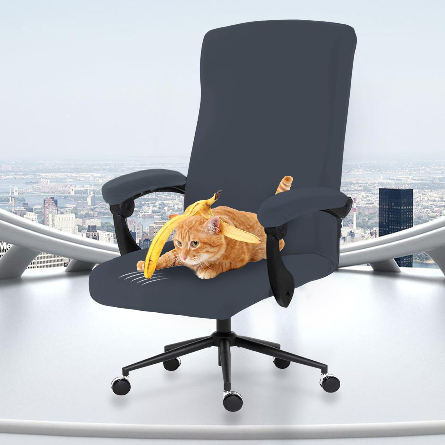 Stretch Computer Office Chair Cover with Armrest Covers Durable Zipper Universal Washable Removable Spandex Rotating Boss Chair Slipcovers Anti-dust Soft Desk Chair Seat Protector, Dark Gray