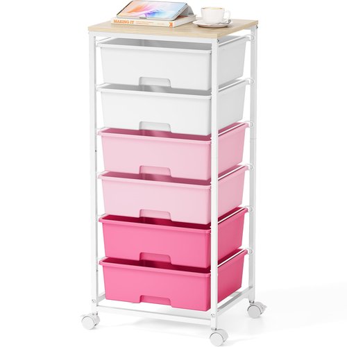 Rolling Storage Cart with Drawers,Utility Cart with 6 Large Drawers and Wooden Tabletop,Craft Storage Cart with Lockable Wheels for Bedroom, Office, Classroom, Kids'Room, Living Room (Pink)