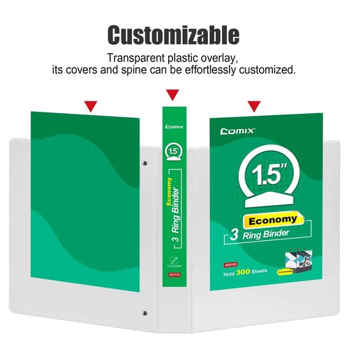 COMIX 3 Ring Binder 1 1/2 inch with Clear View Cover,1.5" Round Ring Binder,Holds 300 Sheets of US Letter Size Paper, 12 Pack (White)
