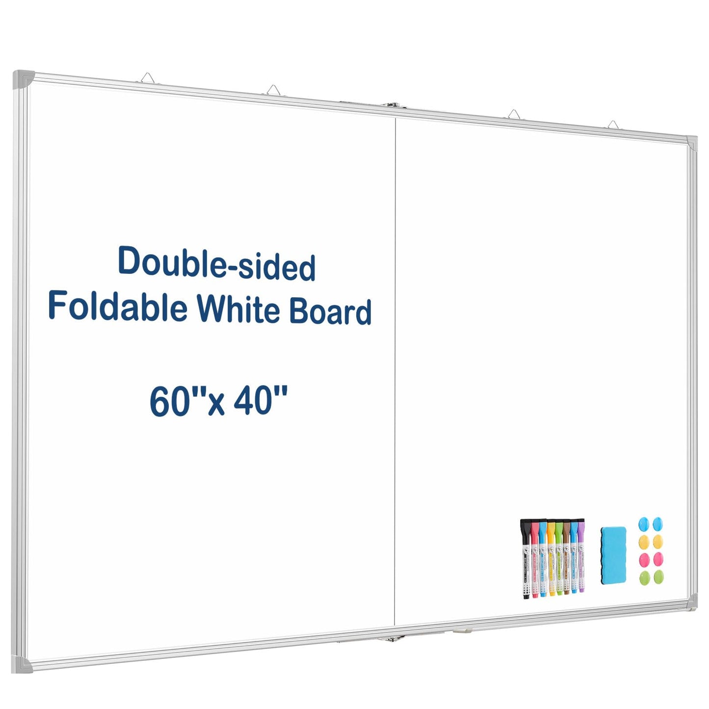 WALGLASS Large White Board Dry Erase Board, 60" x 40" Double-Sided Foldable Dry Erase Board for Wall, Magnetic Whiteboard for Office, Home, School, Kitchen