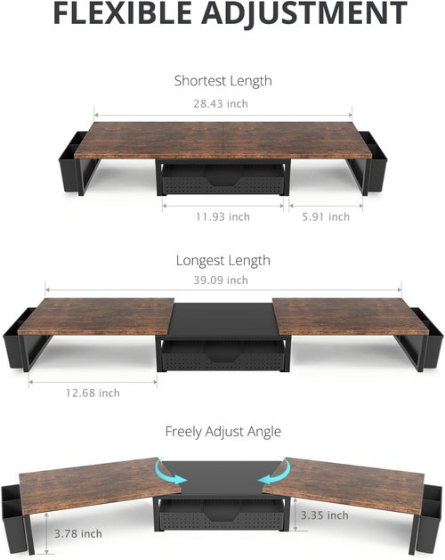 OPNICE Dual Monitor Stand Riser - Desk Organizer with Drawer & 2 Pen Holders | Rustic Brown Wood
