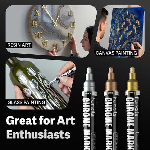 Funcils Liquid Chrome Paint Pen - 4 Dual Tip Mirror Effect Metallic Markers with 2 Silver, 1 Copper, 1 Gold | Reflective Marker for Metal, Plastic, Glass, Resin Art, DIY Crafts, Model Touch Up Paint