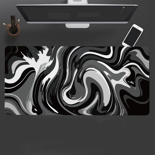 Large Gaming Mouse Pad - Black and White Mouse Pad with Stitched Edges, Extended XL Mousepad with Anti-Slip Rubber Base, Ink Liquid Wave Desk Mat for Keyboard and Mouse(31.5x15.8 inch)