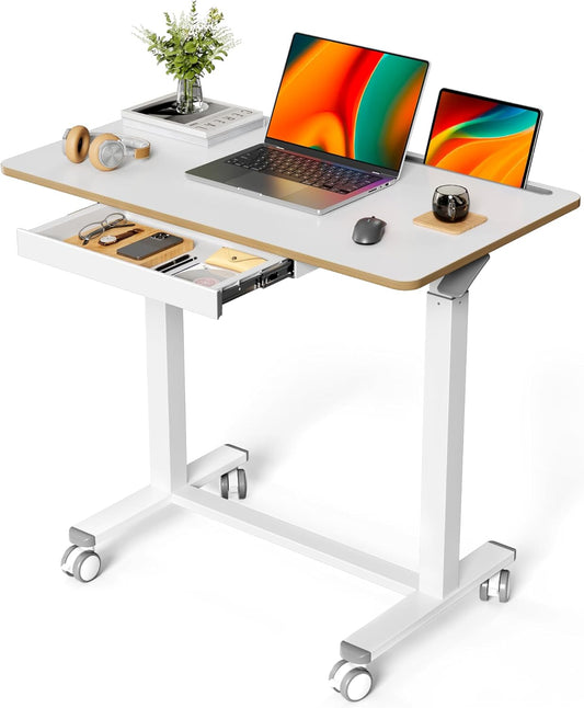Skiennix Mobile Standing Desk - 35-Inch Height Adjustable Sit-Stand Workstation | White Portable Laptop Cart with Drawer