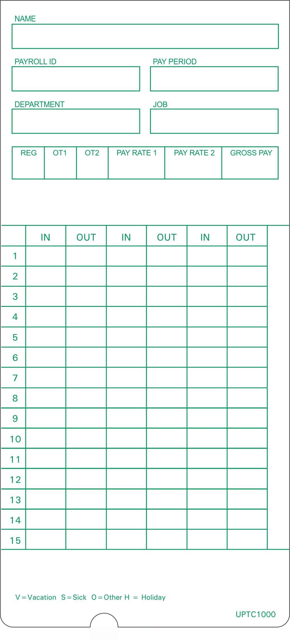 UPTC1000-1 Time Cards, Made In USA, 200-Count, Monthly, 2-Sided, 3 3/8 X 7 5/16, White Card Stock, Green Print Front & Back, Works With uPunch HN3000 Green Front Time Clock