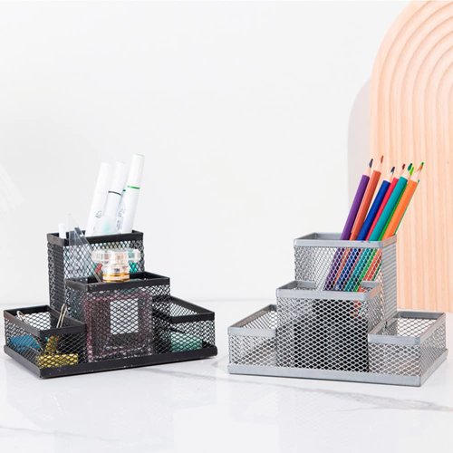 koofull 2 Packs Desk Organizer Desktop Mesh Pen Pencil Holder Caddy with 4 Compartments, Office Home School Classroom Accessories Cool Supplies (2Pcs Black)