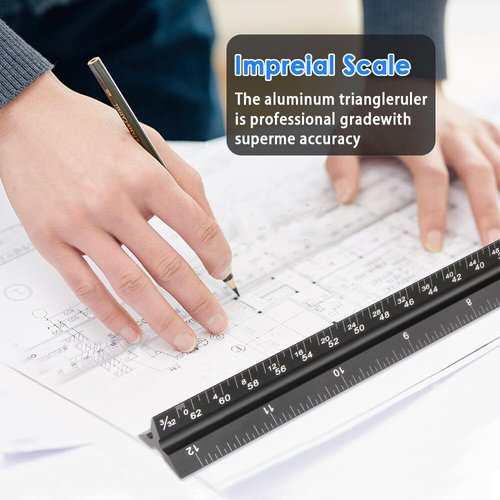 Soraco 12" Aluminum Triangular Architect Scale Ruler – Laser-Etched Imperial Measurements – Durable Black Anodized Finish – Ideal for Architects, Engineers, Draftsmen, and Students(Black)