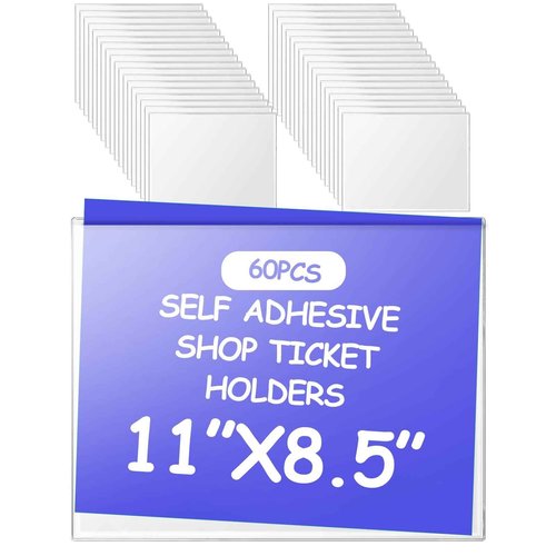 Outus Self Adhesive Shop Ticket Holders Clear Plastic Sleeves Adhesive Pockets Work Order Job Ticket Holders for Home Office Posting Signs(11 x 8.5 Inch,60 Pcs)