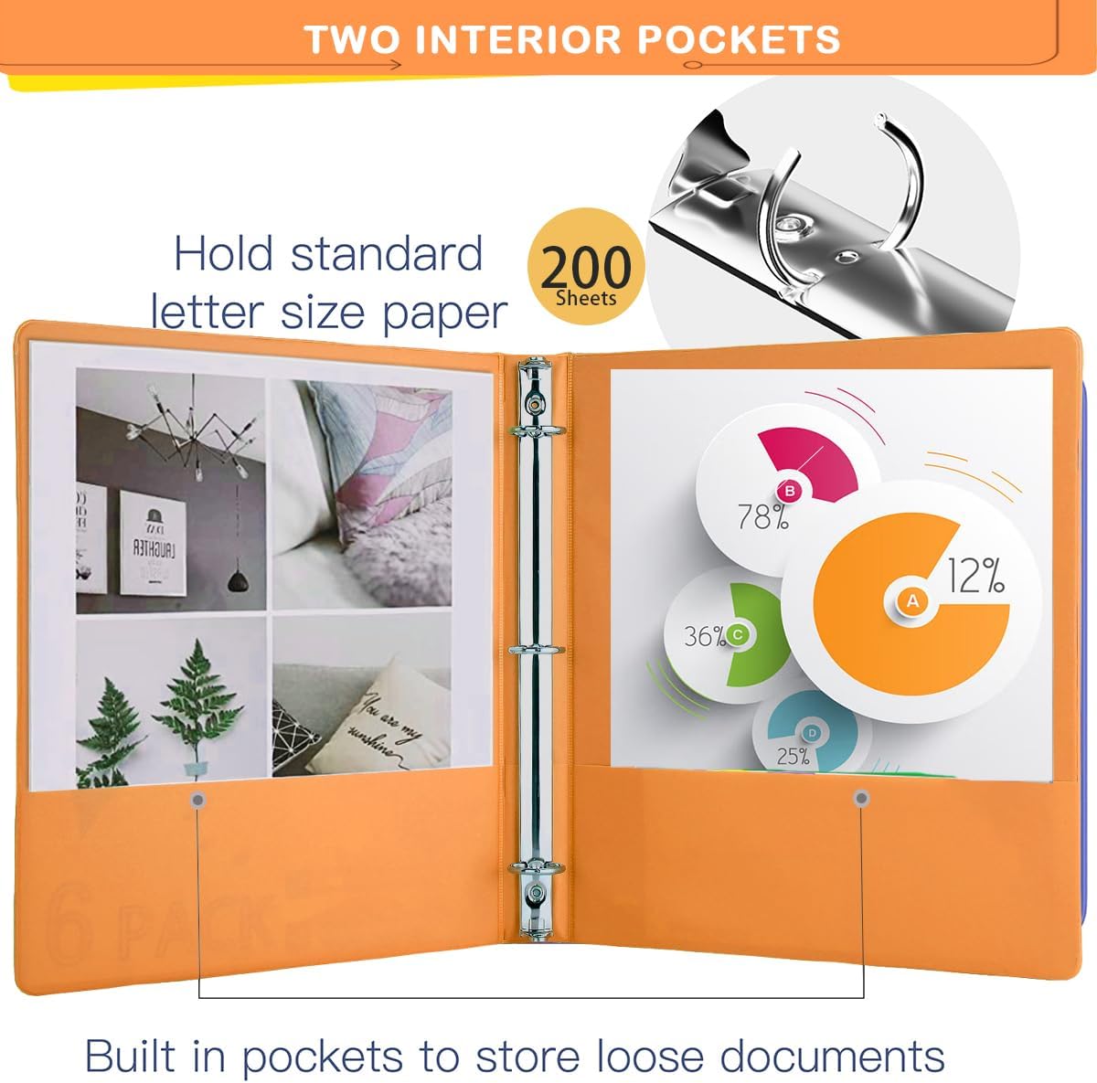 1 Inch Binders - Skiennix 3 Ring with 2 Interior Pockets | Holds 200 Sheets, 6 Pack - Versatile for Home, Office & School