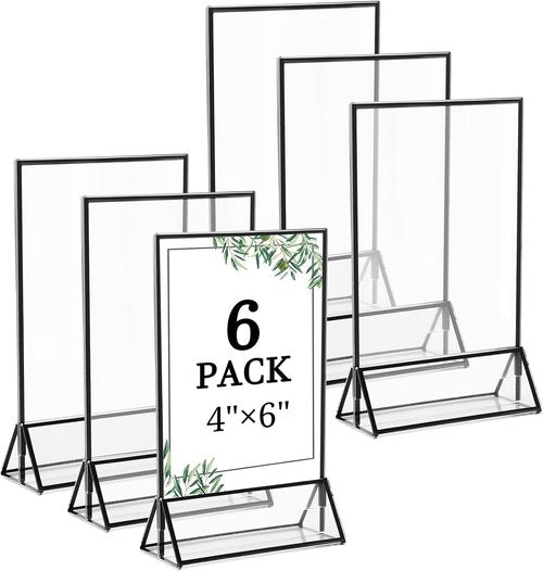 Floroom 6 Pack Clear Acrylic Sign Holders - Double-Sided Black Display Stands for Menus & Table Numbers