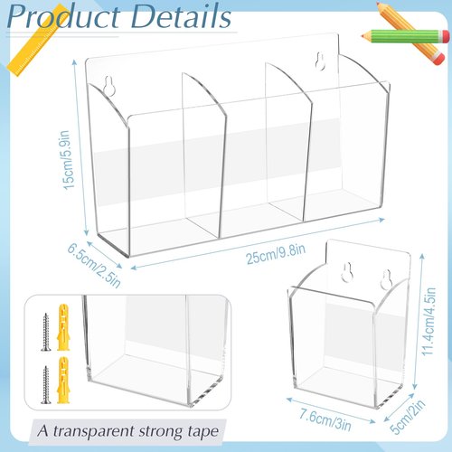 Threehoney 4 Pack Wall Marker Holder, Dry Erase Marker Holder with 3 Compartments Acrylic Clear Organizer for Remotes, Pens, Makeup, Markers for Whiteboard Fridge Locker 2 Sizes