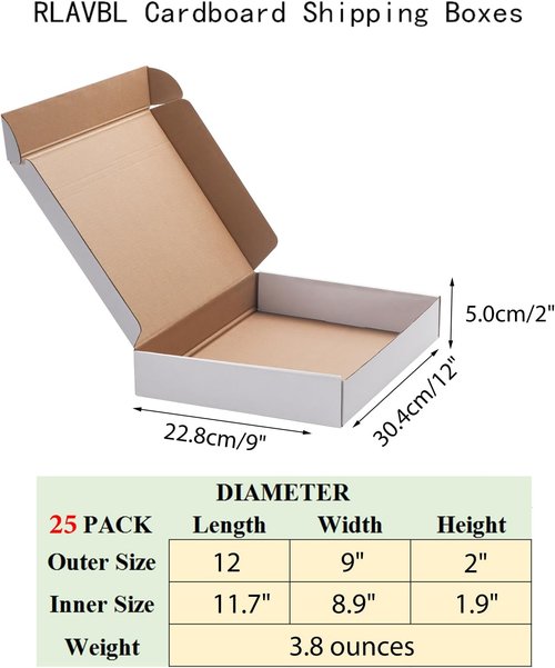 RLAVBL Shipping Boxes - 12x9x2 White Corrugated Cardboard - Set of 25 for Packing & Mailing