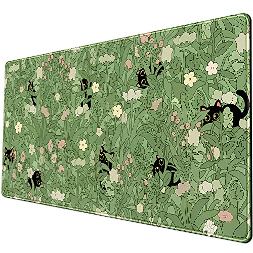 B-cat in the Meadow Green XXL Desk Mat for Keyboard & Mouse - Cute Flower & Plant Design