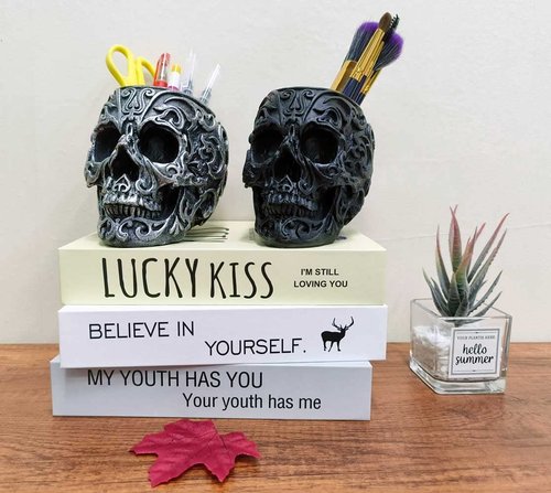 CUZOKOLA Gothic Skull Decor Makeup Brush Holder Vanity Decor with Strong Resin,Pen Holder for Home Office Desk Decorative&Succulent Flowerpot (Silver)