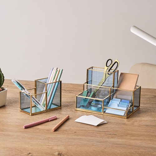 FONDAZZA Gold & Blue Glass Desk Organizer - Elegant Office Decor, Aesthetic Makeup Brush Holder, 2-Compartment Pen Holder, Pencil Cup, Vanity & Cosmetic Storage, Desk Accessories for Women