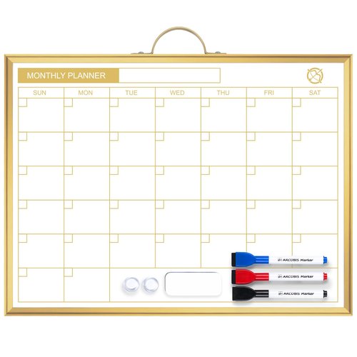 ARCOBIS Monthly Calendar Whiteboard - 12" x 16" Double-Sided Magnetic Dry Erase Board with Gold Frame - Portable Wall Hanging Planner for Home, Office, School