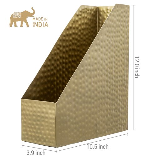 MyGift Vintage Brass Tone Metal Desktop Magazine File Holder Bin with Hammered Texture Design, Office Desk Document Folder Storage Organizer - Handcrafted in India