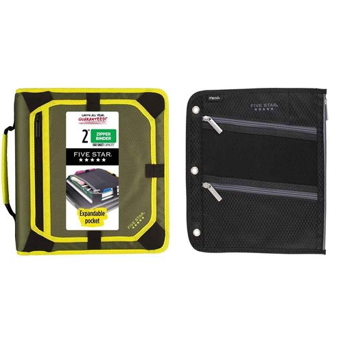 Five Star Bundle : 2 Inch Zipper Binder, 3 Ring Binder, Olive/Citrus (290520C) & Zipper Pencil Pouch, Pen Holder, Fits 3 Ring Binders, Assorted Colors, Color Will Vary (50642)