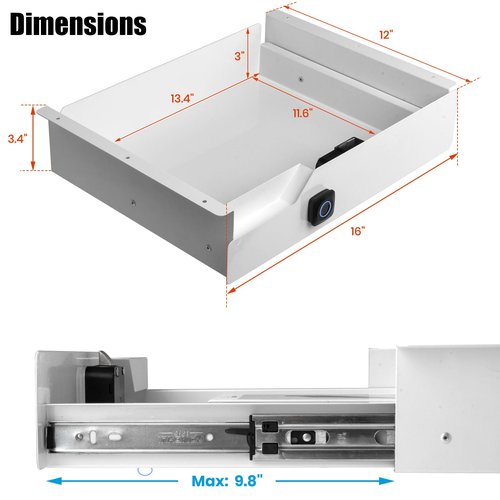 Under Desk Drawer with Lock, 16 inch Under Desk Storage Drawer, Under Desk Mounted Pull Out Drawer with Biometric Lock
