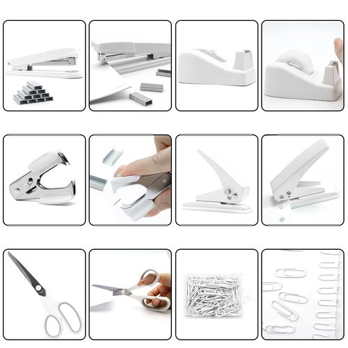White Desk Accessories, White Office Supplies,Large Stapler and Tape Dispenser Set, White Desk Accessory Kit, Gift for Students, Women, Coworkers, Boss Lady, Office Clerks