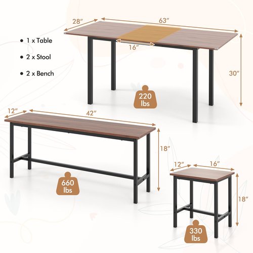Giantex Dining Table Set for 4-6, 5-Piece Kitchen Table Chairs Set, 63” Extendable Table with 2 Benches, 2 Stools, Dinette Table Set, Breakfast Nook Table Set, Dining Room Table Set (Walnut)