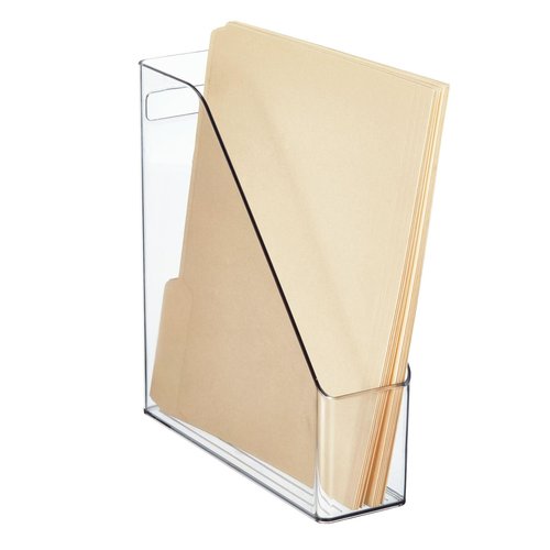 mDesign Plastic Slim Vertical File Folder Storage Organizer Bin with Handle - Hold Notebooks, Binders, Envelopes, Magazines for Home Office, Work Desktops, Ligne Collection, Clear