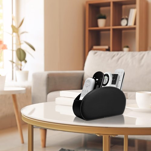 RETON 2 Pack Remote Control Holder with 5 Compartments, Black TV Remote Controller Caddy, PU Leather Desktop Remote Organizer Box for Media Nightstand Makeup Brush Office Supplies