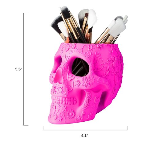 Skull Makeup Brush Holder, Pen Holder, Vanity, Desk, Office Organizer, Stationary, Decor Planter, Candy Bowl, Goth Decorations, Extra Large, Skulls Gothic Skull & Bones Organizer Bathroom (Pink)