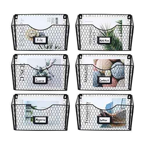 PAG 6 Pockets Hanging File Holder Wall Mount Mail Organizer Metal Chicken Wire Magazine Rack with Tag Slot, Black