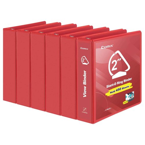 COMIX Sturdy 3 Ring Binder 2 inch with Clear View Cover, 2" Slant-D Ring View Binder Holds 500 Sheets of US Letter Size Paper, 6 Pack (Red)