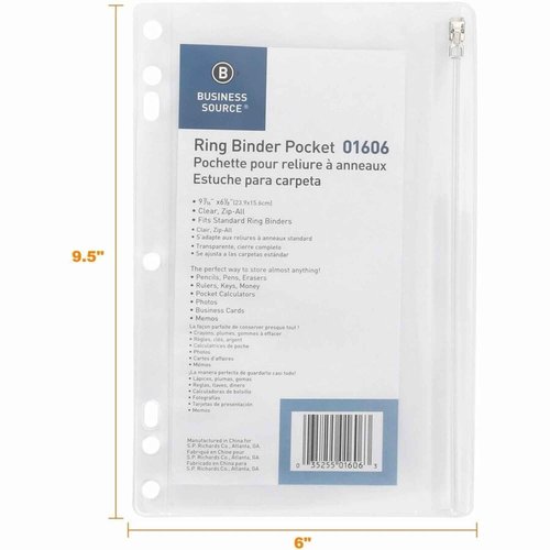 Business Source Ring Binder Pocket with Zipper, 9.5" x 6", Clear with White Back, 24 Count