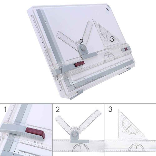 GOTOTOP Drawing Table Board A3 Drafting Board Table Adjustable Measuring System Angle Parallel Motion Drawing Board with Protractor,Paper Locater, Sliding Ruler,Anti Slip Support Leg Office Tool Table