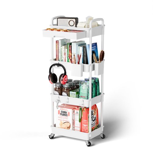 Sorgion 4 Tier Rolling Cart Organizer,Art Craft Diaper Bedside Snack Laundry Room Bathroom Organizer Narrow Thin Slim Rolling Trolley Utility Cart with Wheels for Kitchen,Office(White)