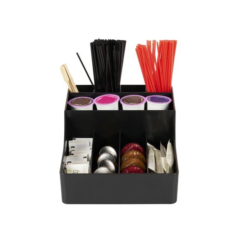 Restaurantware Restpresso Coffee Bar Organizer, 1 Count Durable 9 Compartments, Compact Size, Black Plastic Tabletop Coffee Supplies Organizer For Homes, Office Spaces, Breakrooms, and Lounges