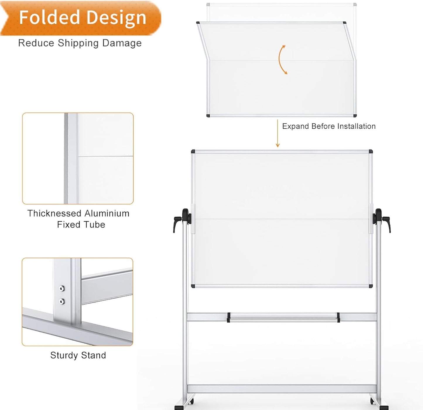VIZ-PRO Double-Sided Mobile Whiteboard - 48 x 36 Inches Magnetic Dry Erase Board on Wheels