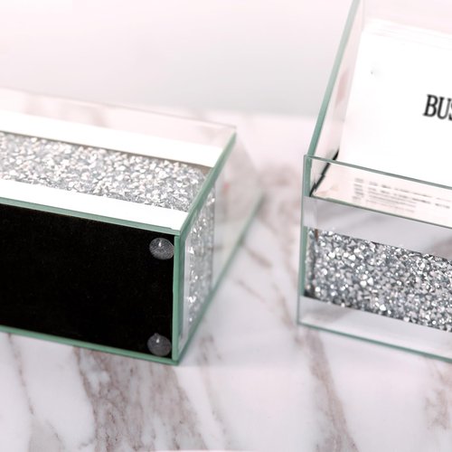 TACIDON 2 Pieces Mirrored Business Card Holder for Desk, Modern Crushed Diamond Glass Business Card Display Stand, Business Card Organizer for Office Home Desktop (Silver)