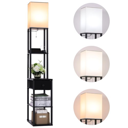 Gupuzm Floor Lamp with Table,2 USB,1Outlet and Drawer,3 Color Temperatures LED Bulb (9W), Bedroom Bedside Table Floor Lamp,Display Floor Lamp with Shelves for Living Room Sofa Lamp (Black-9)