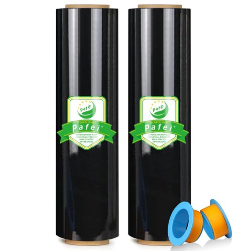 PAFEI 17.5"x1500ft Black Stretch/Shrink Wrap Roll - 80 Gauge Industrial Plastic Wrap for Moving, Heavy Duty 800% Stretch for Pallets, Packing, Shipping&Furniture Protection with Handles-2 Rolls