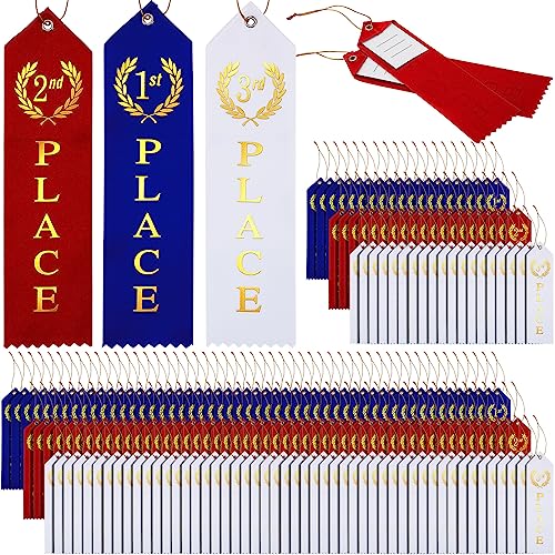 180 Pieces Award Ribbons 1st, 2nd, 3rd Place Flat Carded Set First Place Prizes with Event Card and Rope for Competition, Sports Event, School, Contests, Blue Red White