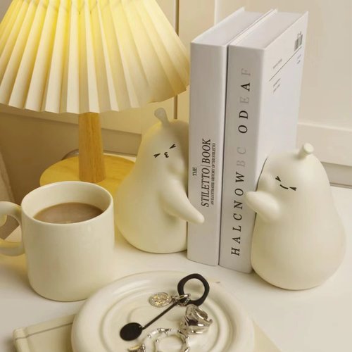 Linxia Pear Bookends Vanilla White Ceramic Creative Bookends for Shelves Book Holder Stopper for Books/Movies/CDs/Video Games (1 Pairs) Hug style