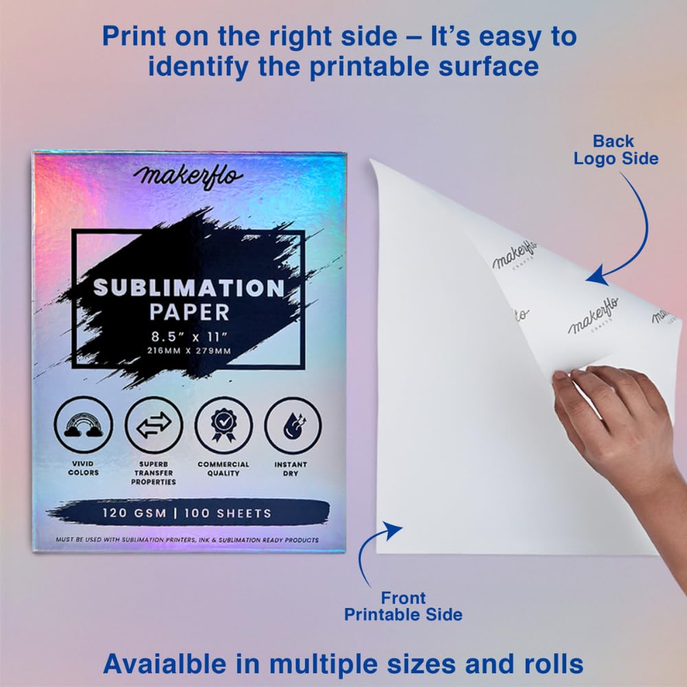Makerflo Sublimation Paper 8.5 x 11 Inch 100 Sheets, Heat Transfer Sublimation Paper For Tumblers T-Shirts Phone Case Mugs, Printable Stickers Gifting Christmas DIY Enthusiast