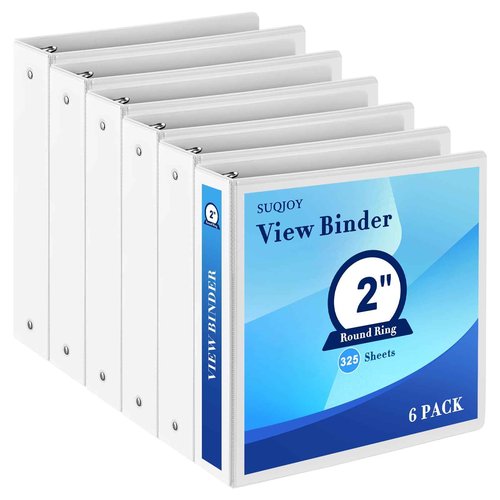 2 Inch 3-Ring Binder, 2" Round Ring Binder with 2 Inside Pockets, 6 Pack White Binders, Clear View Cover, Holds Up to 450 Sheets 8.5" x 11" Paper，Durable Binders for Office/Home/Back to School