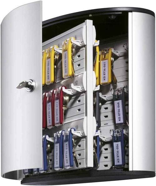 Durable Key Safe Box 54 - Wall Mounted Lockable Key Holder Cabinet Holds 54 Key Clip Keys with Secure Key Lock - Aluminum Silver Key Safe Including 6 Key Clip Tags