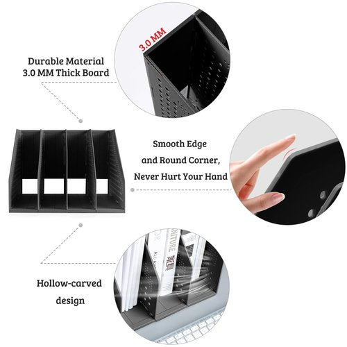 SAYEEC 2Pcs Collapsible Plastic Magazine File Holder Vertical Binder Storage Organizer for Desk Sturdy Upright Desktop Magazine Organizer Folder Rack for Office School Home (3 Compartments, Black)