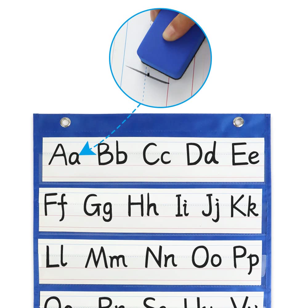 Mewise Pocket Chart with 10 Double Sided Sentence Strips, Activities, Class Demonstrations, Standards Pocket Chart, 420D Polyester, Blue