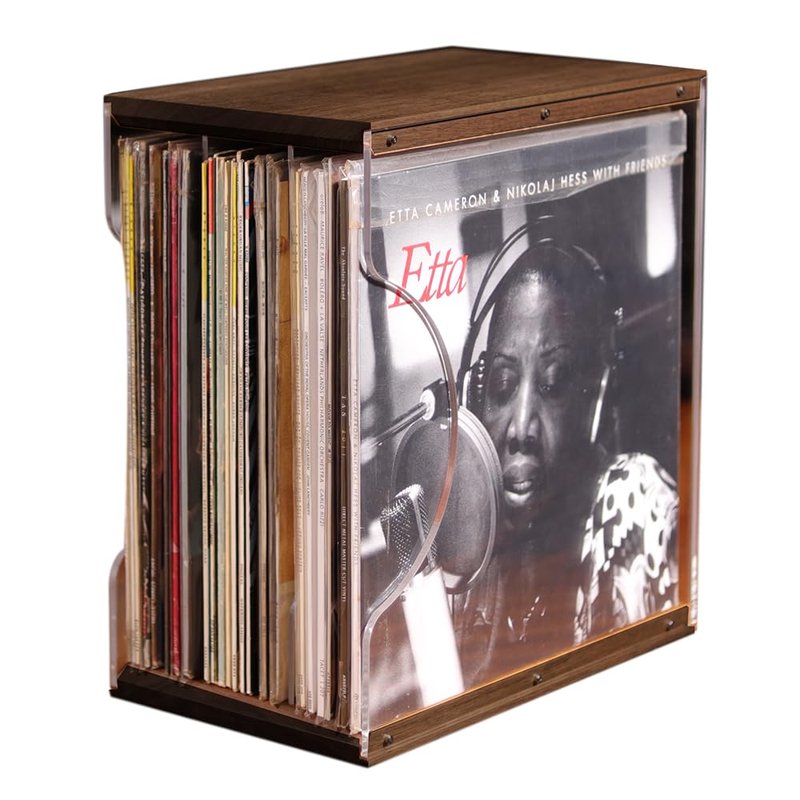 Vinyl Record Storage Holder,Stacks up to 30 Albums, Solid Wood & Clear Acrylic,Canbe stack,Premium Display, Simple and Contemporary Concept Design for 12” Records LP, DVDs, or CDs (black walnut, 3)